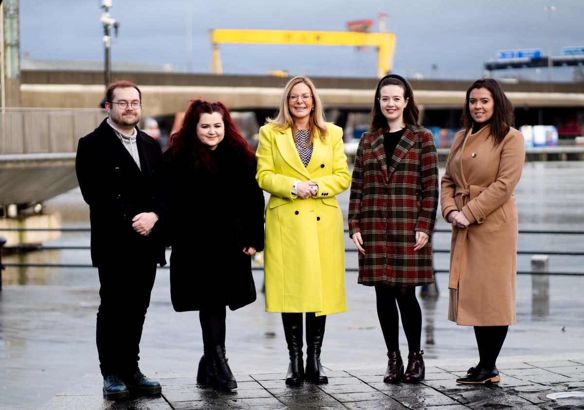 Belfast Councillor Tina Black, Jenna Crymble from Maritime Belfast Trust, and the team from Aura Digital Studios