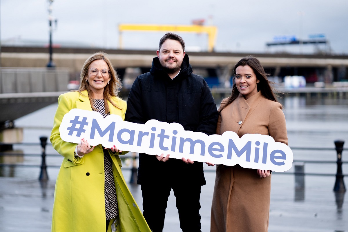 Councillor Tina Black, innovator Darin Smyth and Jenna Crymble from Maritime Belfast Trust